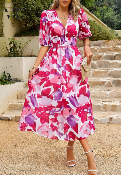 Elegant Floral Midi Dress for Women with V Neck Puff Sleeve Tiered Skirt Formal Wedding Guest Style