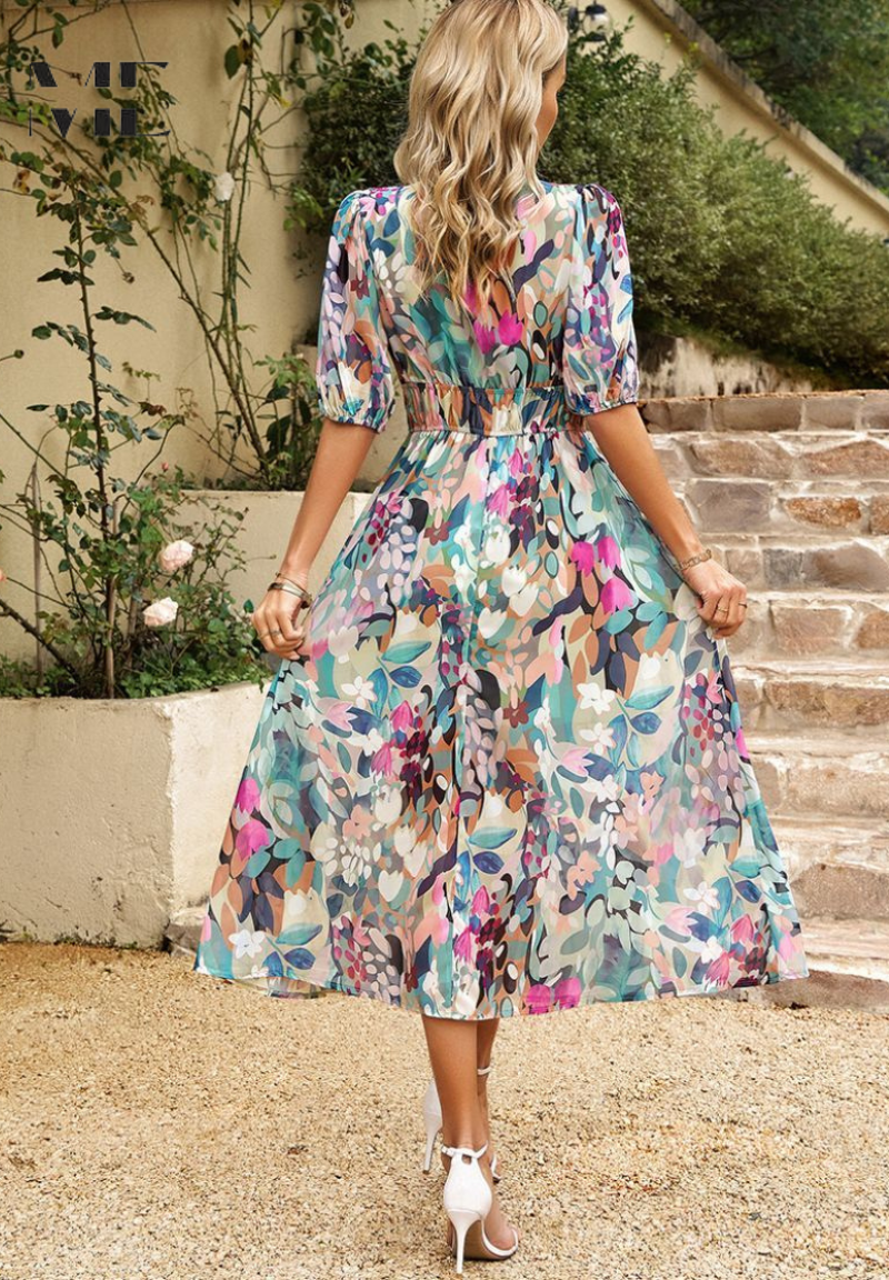 Elegant Floral Midi Dress for Women with V Neck Puff Sleeve Tiered Skirt Formal Wedding Guest Style