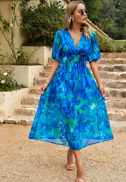 Elegant Floral Midi Dress for Women with V Neck Puff Sleeve Tiered Skirt Formal Wedding Guest Style