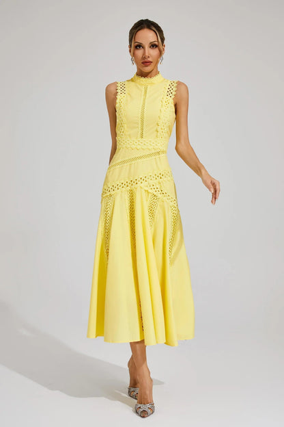 Elegant Pleated Midi Dress for Women with Round Neck Sleeveless Drop Waist Formal Wedding Guest Style