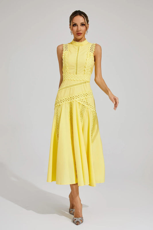 Elegant Pleated Midi Dress for Women with Round Neck Sleeveless Drop Waist Formal Wedding Guest Style