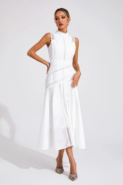 Elegant Pleated Midi Dress for Women with Round Neck Sleeveless Drop Waist Formal Wedding Guest Style