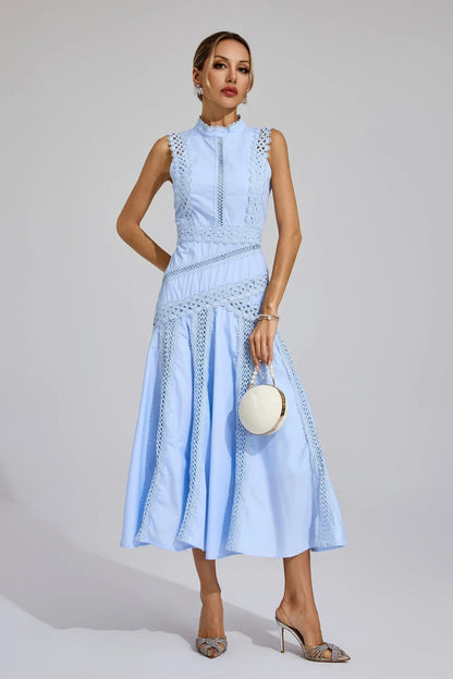 Elegant Pleated Midi Dress for Women with Round Neck Sleeveless Drop Waist Formal Wedding Guest Style