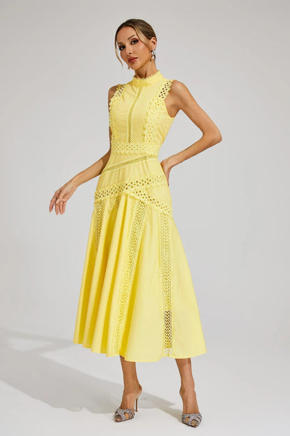 Elegant Pleated Midi Dress for Women with Round Neck Sleeveless Drop Waist Formal Wedding Guest Style