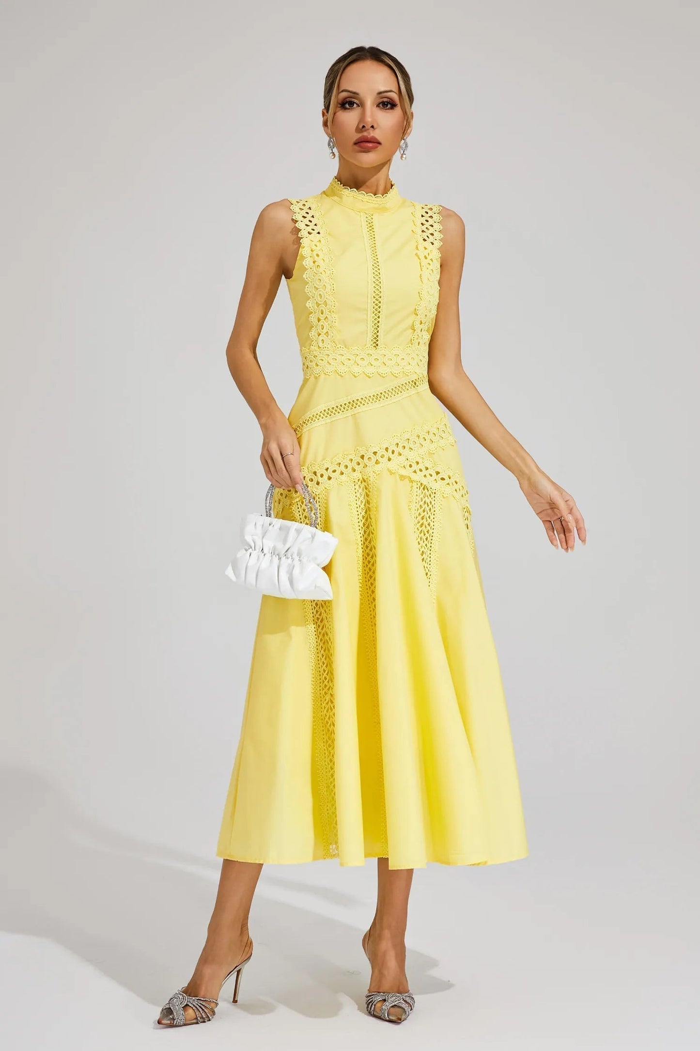 Elegant Pleated Midi Dress for Women with Round Neck Sleeveless Drop Waist Formal Wedding Guest Style