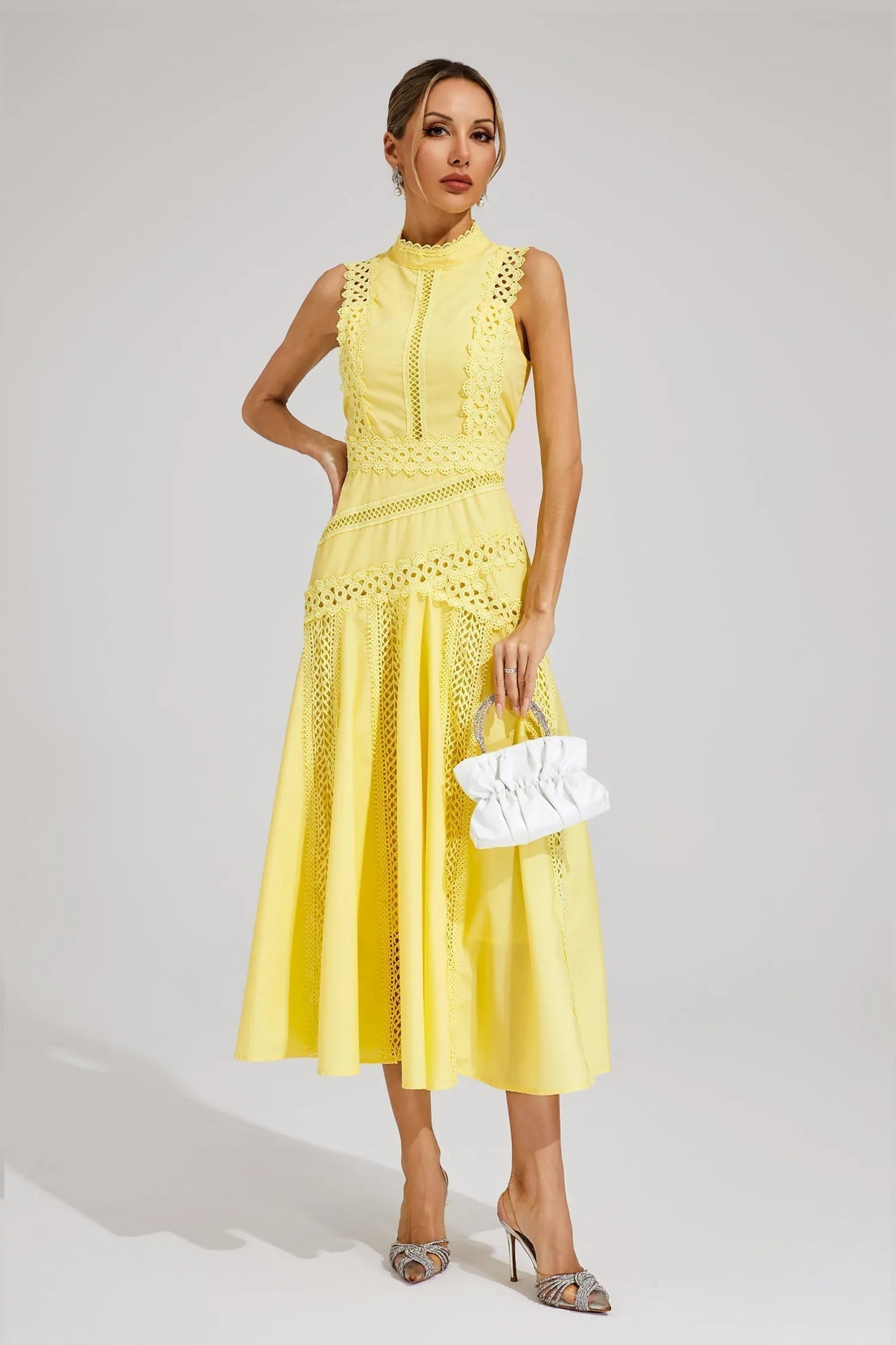 Elegant Pleated Midi Dress for Women with Round Neck Sleeveless Drop Waist Formal Wedding Guest Style