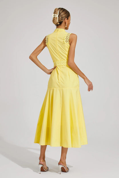 Elegant Pleated Midi Dress for Women with Round Neck Sleeveless Drop Waist Formal Wedding Guest Style