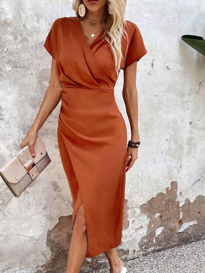 Elegant Orange Bodycon Midi Dress for Women with V Neck Cap Sleeve Ruched Side Slit Formal Wedding Guest Style