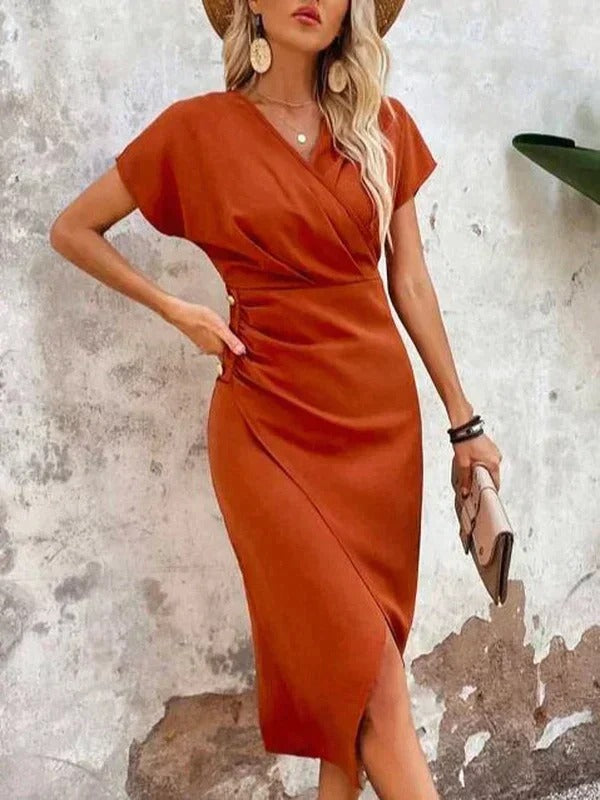 Elegant Orange Bodycon Midi Dress for Women with V Neck Cap Sleeve Ruched Side Slit Formal Wedding Guest Style
