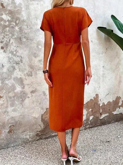 Elegant Orange Bodycon Midi Dress for Women with V Neck Cap Sleeve Ruched Side Slit Formal Wedding Guest Style