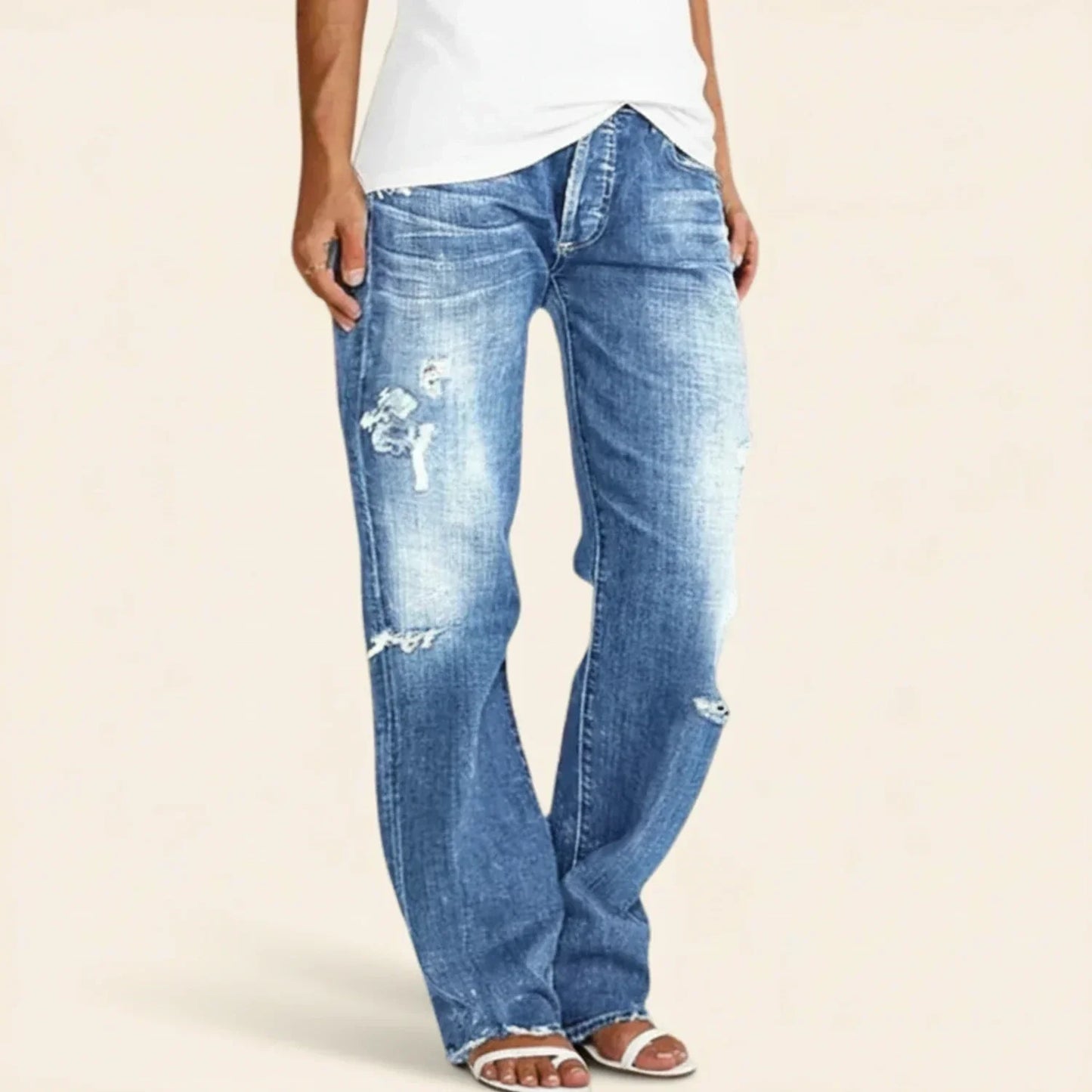 Stylish Ripped Jeans for Women with High Waist Distressed Straight Leg Relaxed Fit Blue Jean Style