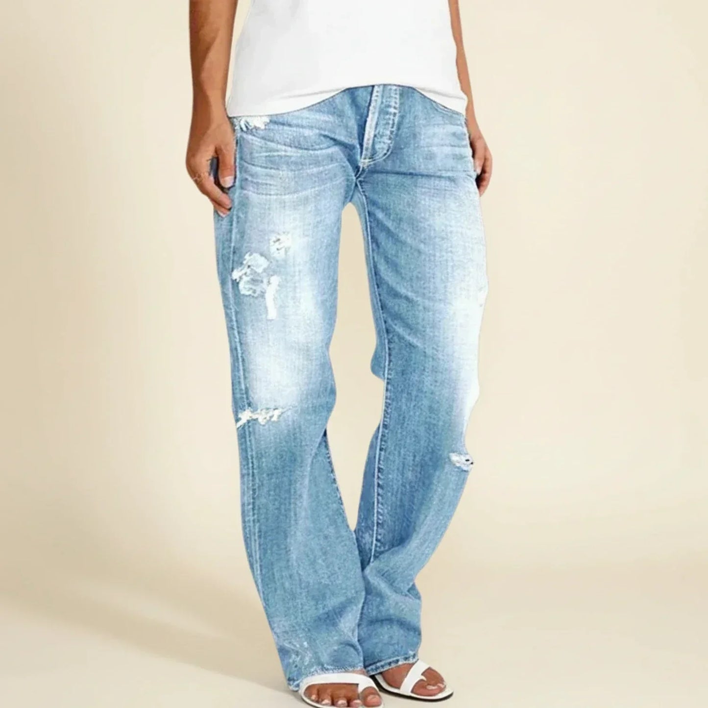 Stylish Ripped Jeans for Women with High Waist Distressed Straight Leg Relaxed Fit Blue Jean Style