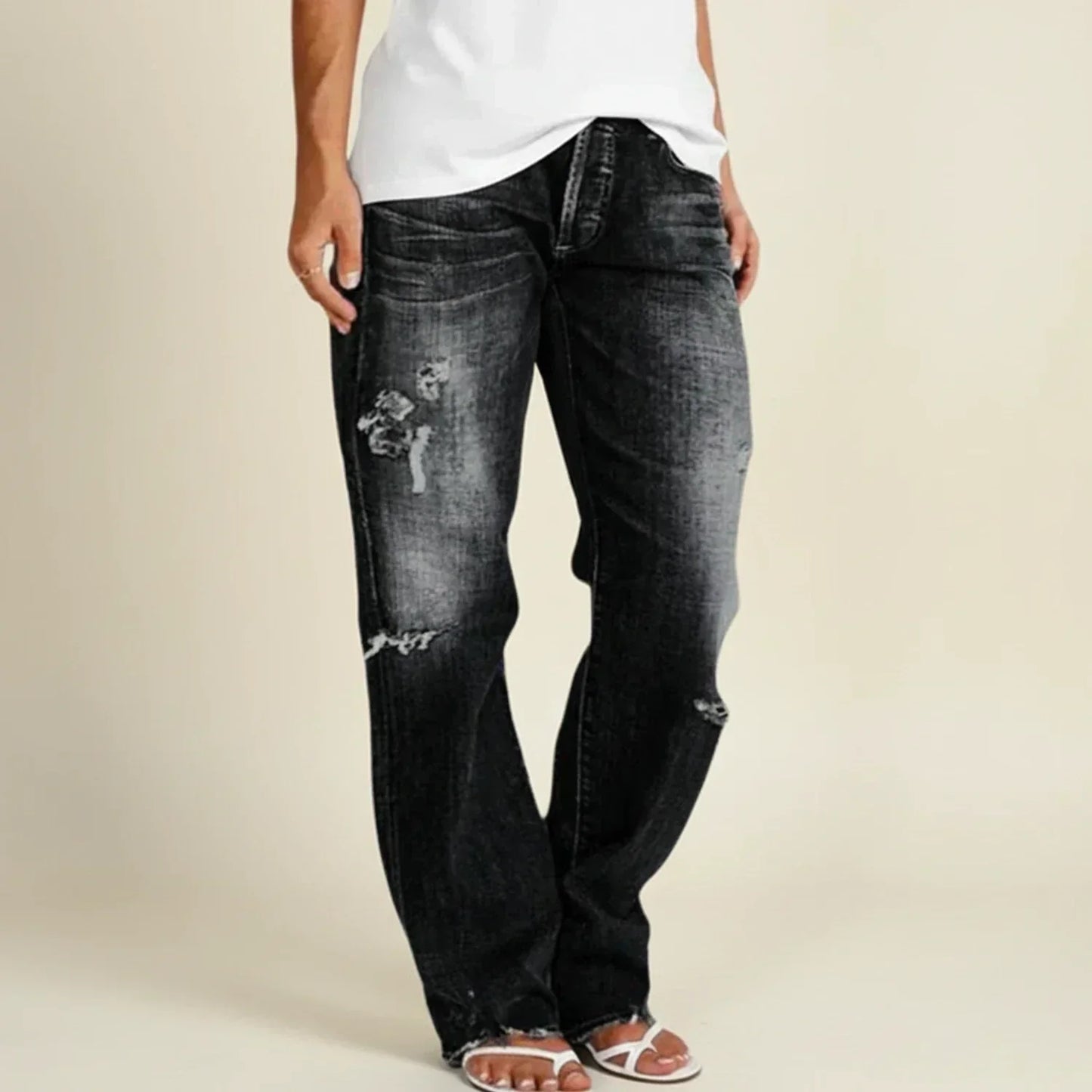 Stylish Ripped Jeans for Women with High Waist Distressed Straight Leg Relaxed Fit Blue Jean Style