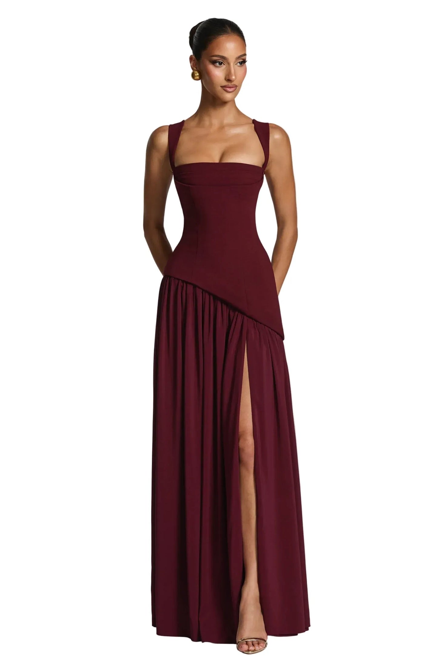 Elegant Chiffon Maxi Dress for Women with Square Neck Spaghetti Strap High Slit Formal Wedding Guest Style