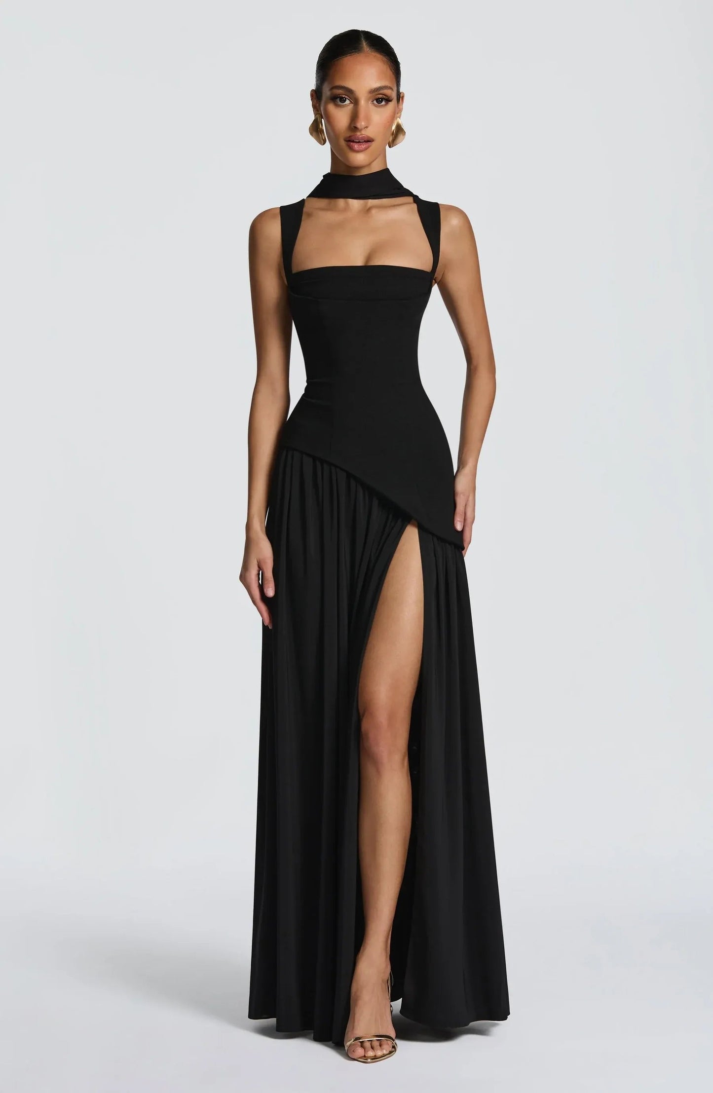 Elegant Chiffon Maxi Dress for Women with Square Neck Spaghetti Strap High Slit Formal Wedding Guest Style