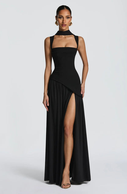 Elegant Chiffon Maxi Dress for Women with Square Neck Spaghetti Strap High Slit Formal Wedding Guest Style