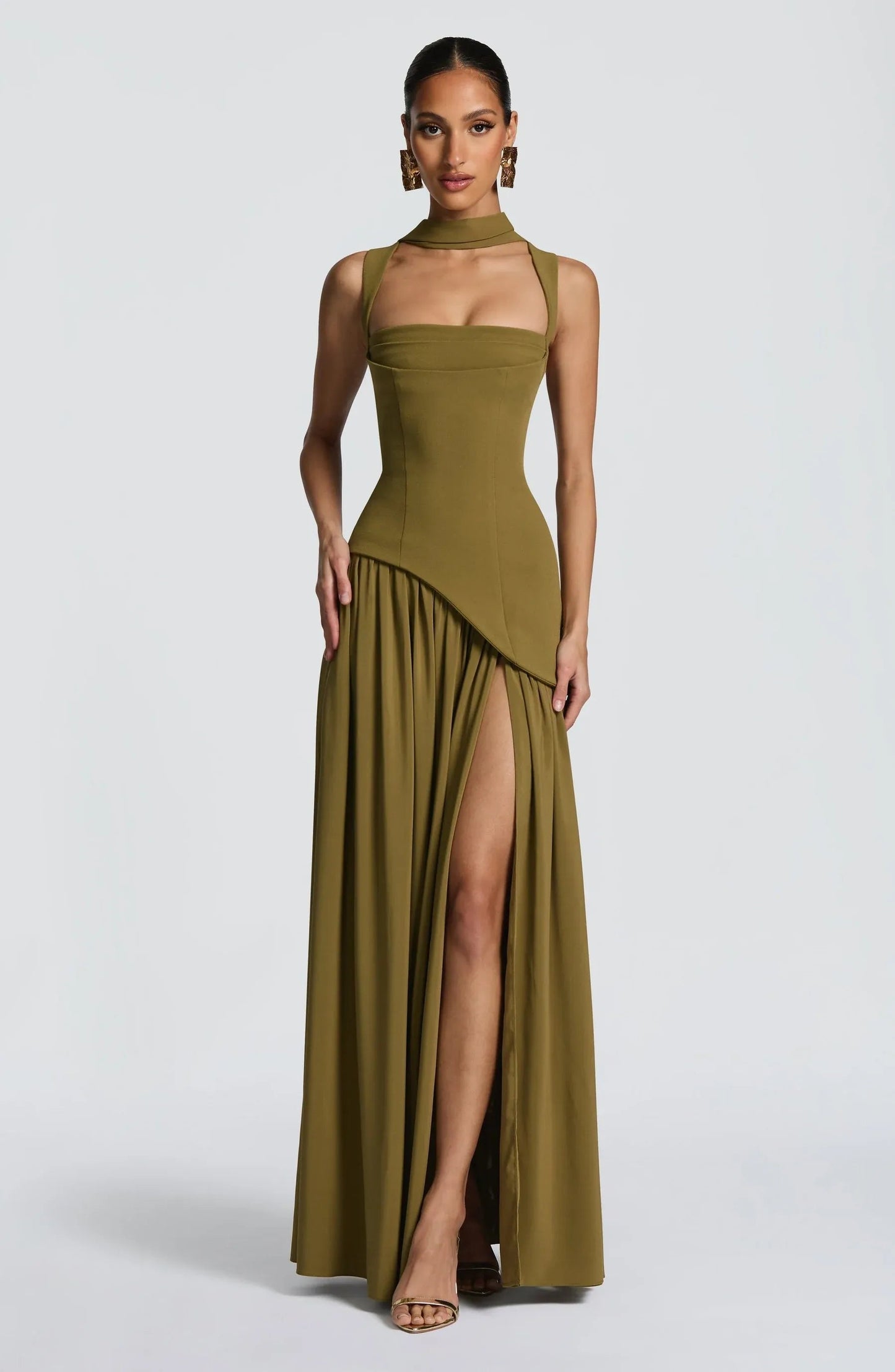 Elegant Chiffon Maxi Dress for Women with Square Neck Spaghetti Strap High Slit Formal Wedding Guest Style