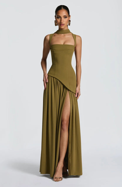 Elegant Chiffon Maxi Dress for Women with Square Neck Spaghetti Strap High Slit Formal Wedding Guest Style