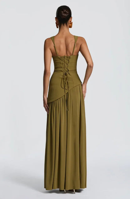 Elegant Chiffon Maxi Dress for Women with Square Neck Spaghetti Strap High Slit Formal Wedding Guest Style