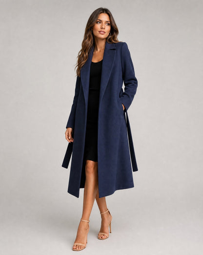 Elegant Navy Wool Coat for Women with Notch Lapel Long Sleeve Belted Wrap Style