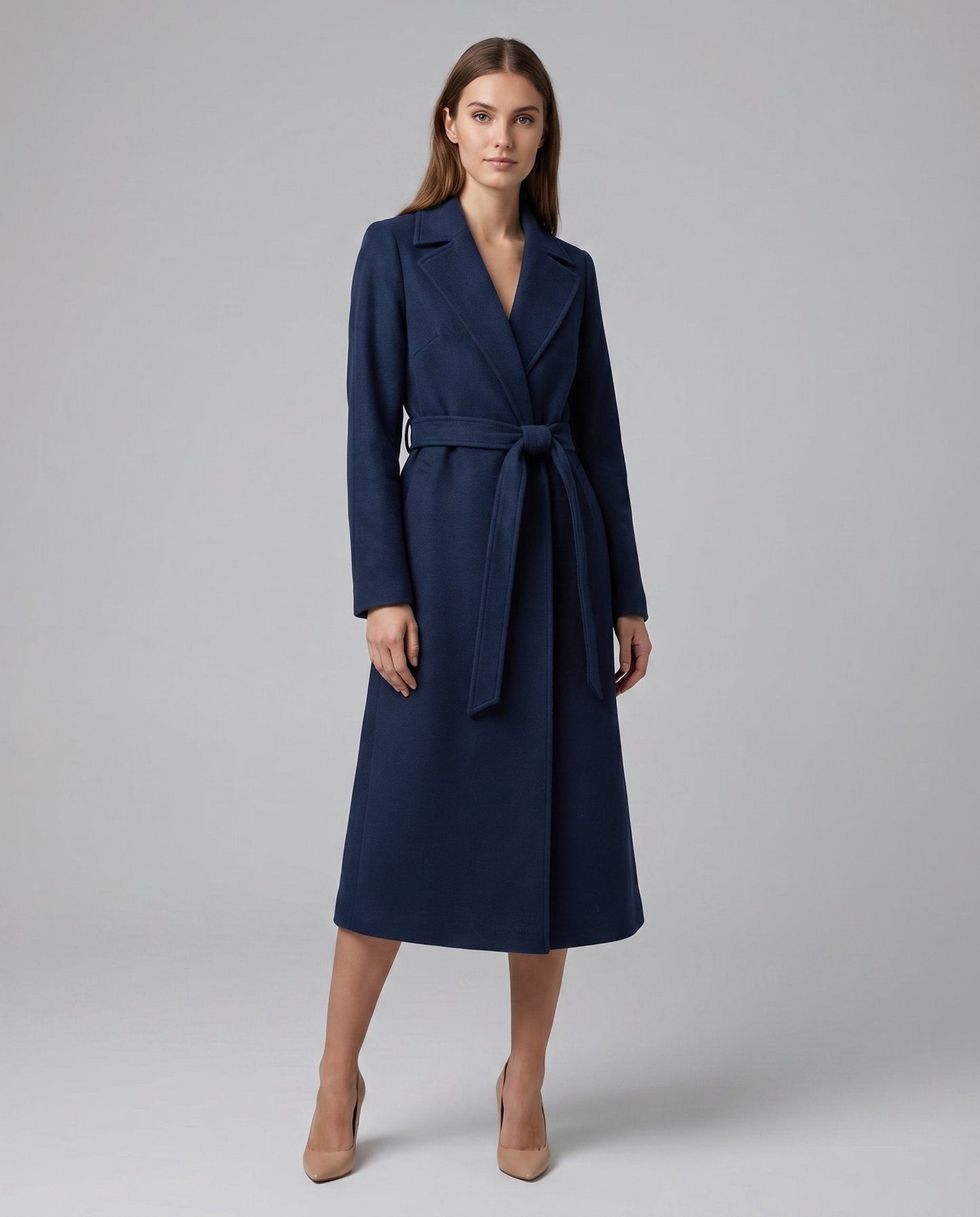 Elegant Navy Wool Coat for Women with Notch Lapel Long Sleeve Belted Wrap Style