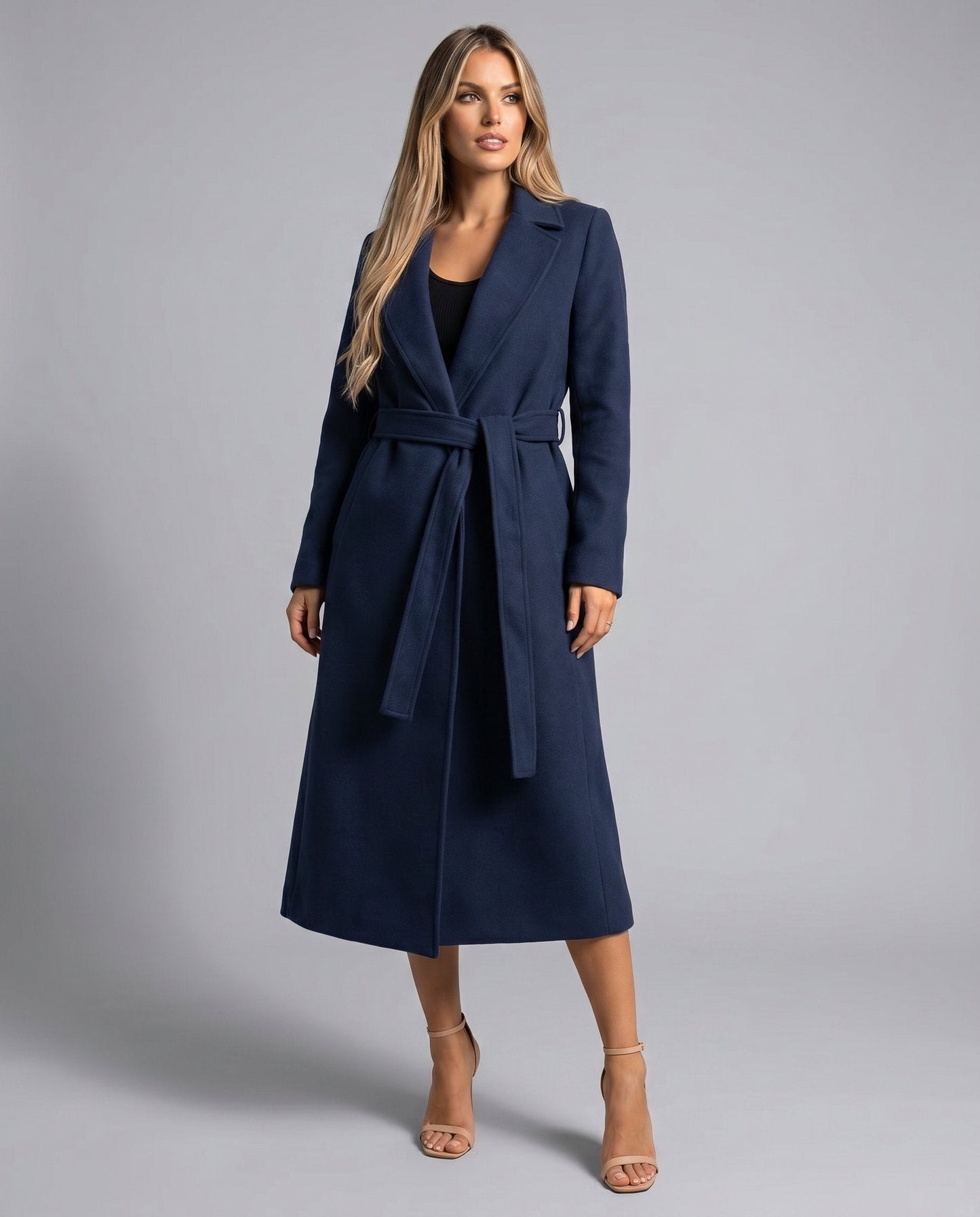 Elegant Navy Wool Coat for Women with Notch Lapel Long Sleeve Belted Wrap Style