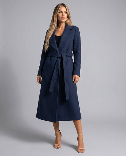 Elegant Navy Wool Coat for Women with Notch Lapel Long Sleeve Belted Wrap Style