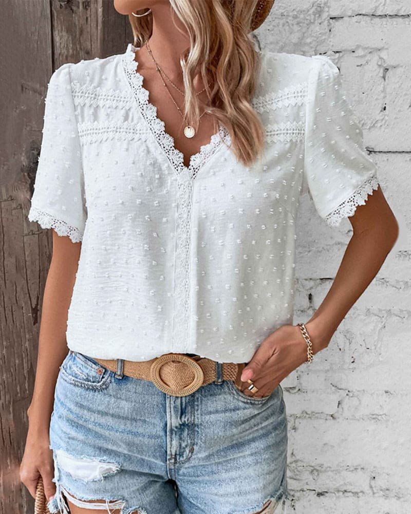 Effortless Swiss Dot Blouse for Women with V Neck Puff Sleeve Lace Trim Casual Style