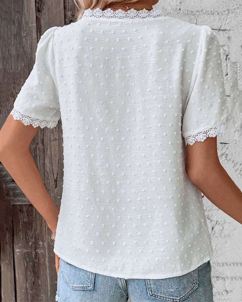Effortless Swiss Dot Blouse for Women with V Neck Puff Sleeve Lace Trim Casual Style