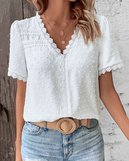 Effortless Swiss Dot Blouse for Women with V Neck Puff Sleeve Lace Trim Casual Style