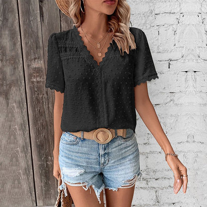 Effortless Swiss Dot Blouse for Women with V Neck Puff Sleeve Lace Trim Casual Style