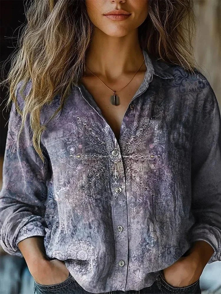 Effortless Paisley Print Blouse for Women with Collar Long Sleeve Button Front Relaxed Boho Style