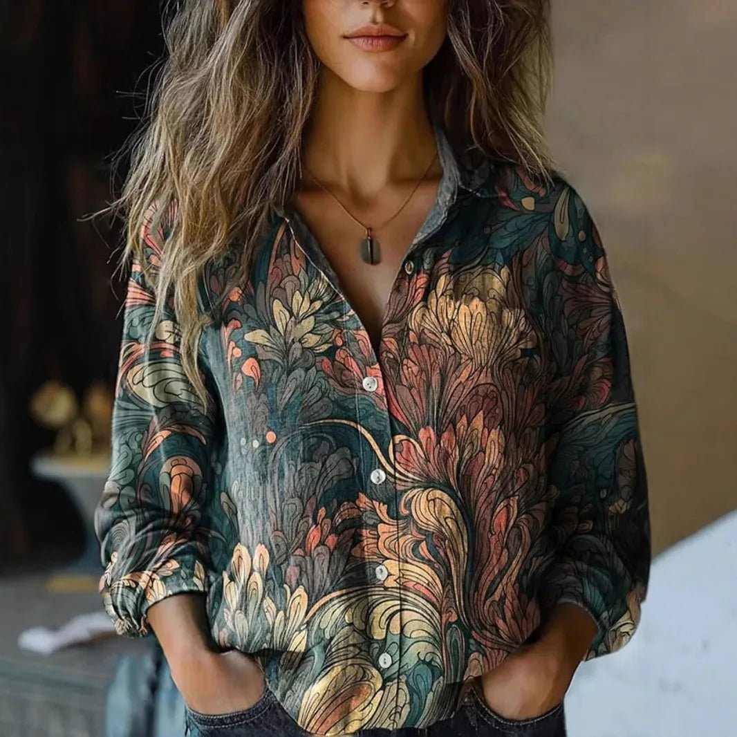 Effortless Paisley Print Blouse for Women with Collar Long Sleeve Button Front Relaxed Boho Style