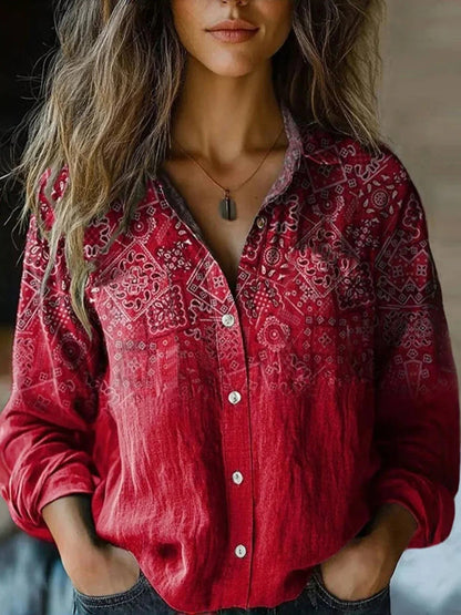 Effortless Paisley Print Blouse for Women with Collar Long Sleeve Button Front Relaxed Boho Style