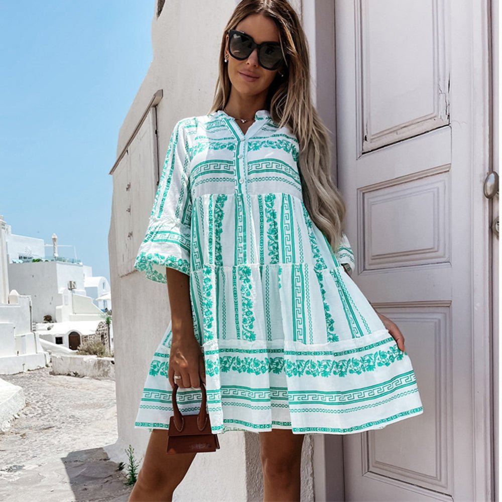 Effortless Printed Mini Dress for Women with V Neck Bell Sleeve Tiered Ruffle Bohemian Style