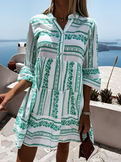 Effortless Printed Mini Dress for Women with V Neck Bell Sleeve Tiered Ruffle Bohemian Style