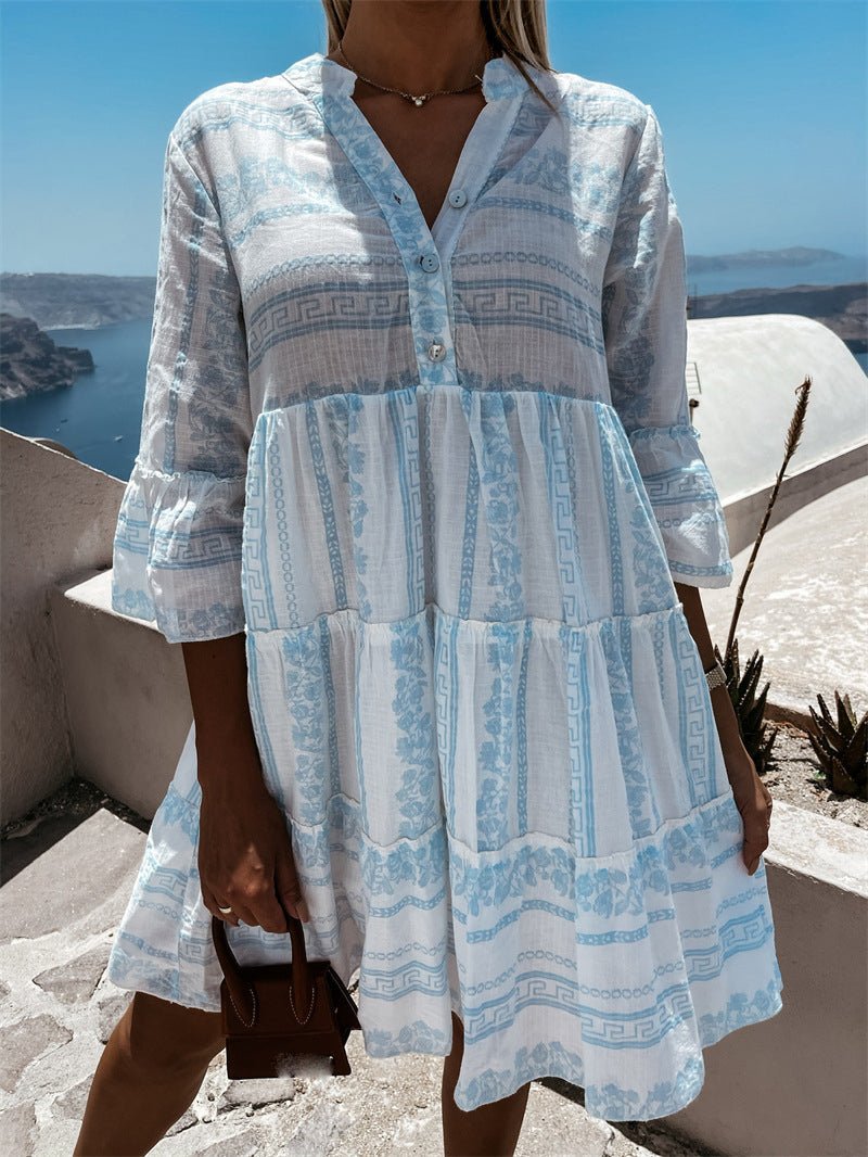 Effortless Printed Mini Dress for Women with V Neck Bell Sleeve Tiered Ruffle Bohemian Style