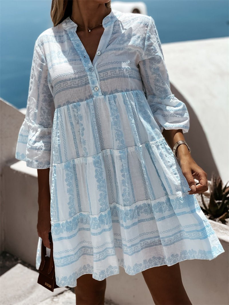 Effortless Printed Mini Dress for Women with V Neck Bell Sleeve Tiered Ruffle Bohemian Style