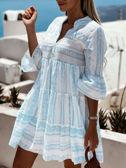 Effortless Printed Mini Dress for Women with V Neck Bell Sleeve Tiered Ruffle Bohemian Style