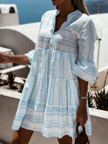 Effortless Printed Mini Dress for Women with V Neck Bell Sleeve Tiered Ruffle Bohemian Style