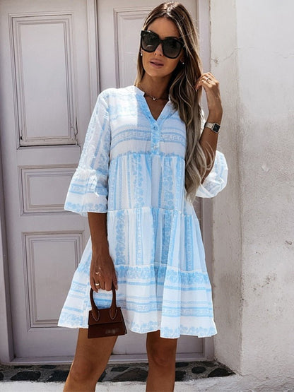 Effortless Printed Mini Dress for Women with V Neck Bell Sleeve Tiered Ruffle Bohemian Style