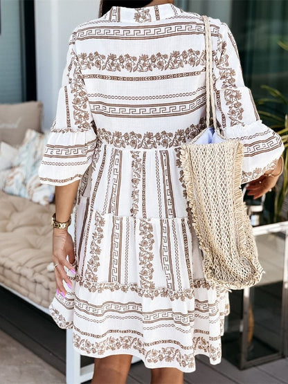 Effortless Printed Mini Dress for Women with V Neck Bell Sleeve Tiered Ruffle Bohemian Style