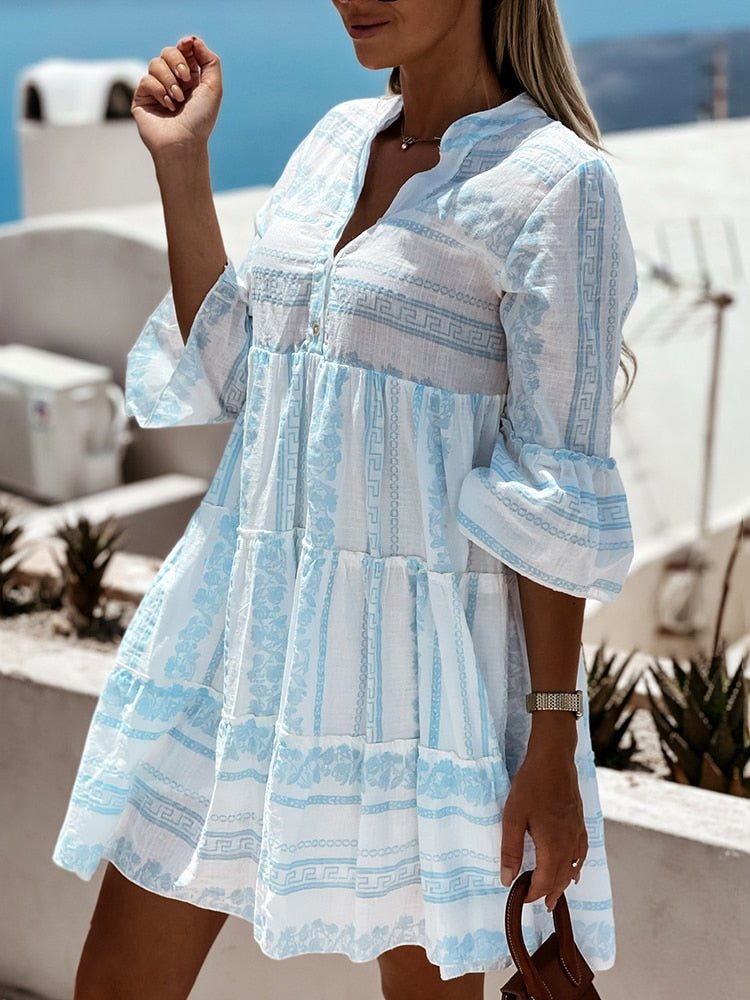 Effortless Printed Mini Dress for Women with V Neck Bell Sleeve Tiered Ruffle Bohemian Style