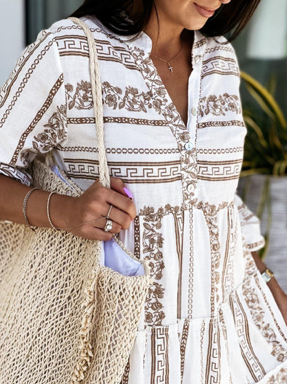 Effortless Printed Mini Dress for Women with V Neck Bell Sleeve Tiered Ruffle Bohemian Style