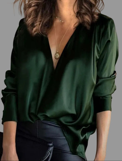 Elegant Satin Blouse for Women with V Neck Long Sleeve Draped Wrap Silky Style