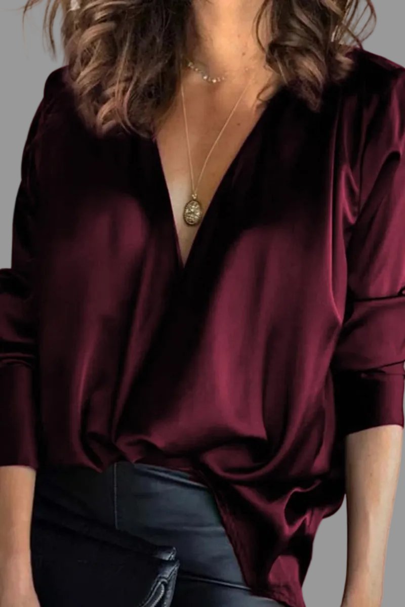 Elegant Satin Blouse for Women with V Neck Long Sleeve Draped Wrap Silky Style