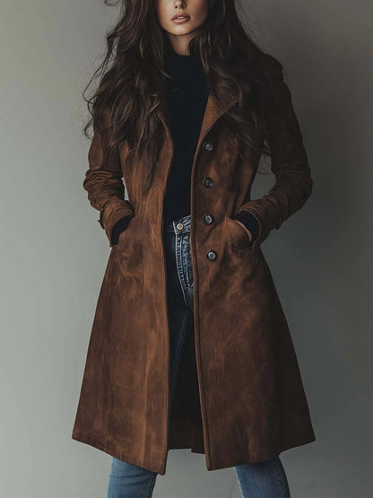 Elegant Suede Trench Coat for Women with Notch Collar Long Sleeve Button Front Tailored Style