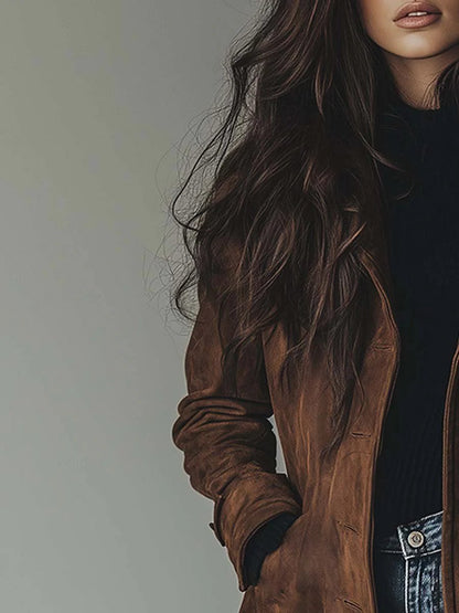 Elegant Suede Trench Coat for Women with Notch Collar Long Sleeve Button Front Tailored Style