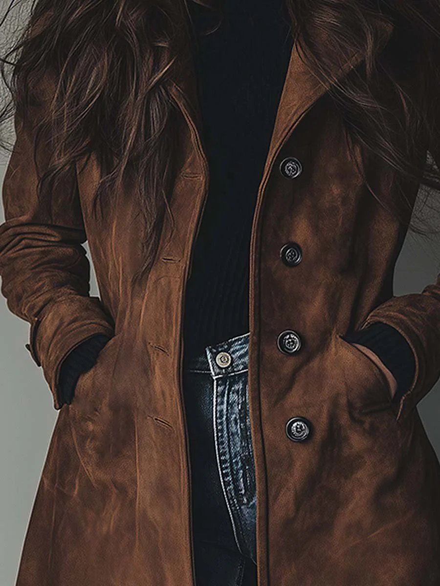 Elegant Suede Trench Coat for Women with Notch Collar Long Sleeve Button Front Tailored Style