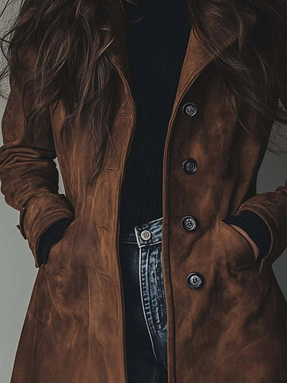 Elegant Suede Trench Coat for Women with Notch Collar Long Sleeve Button Front Tailored Style